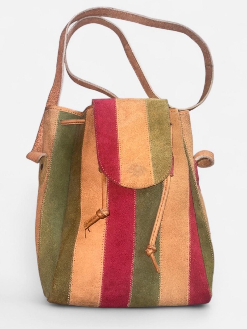 Striped Suede Bucket Bag - Olive, Rust & Berry